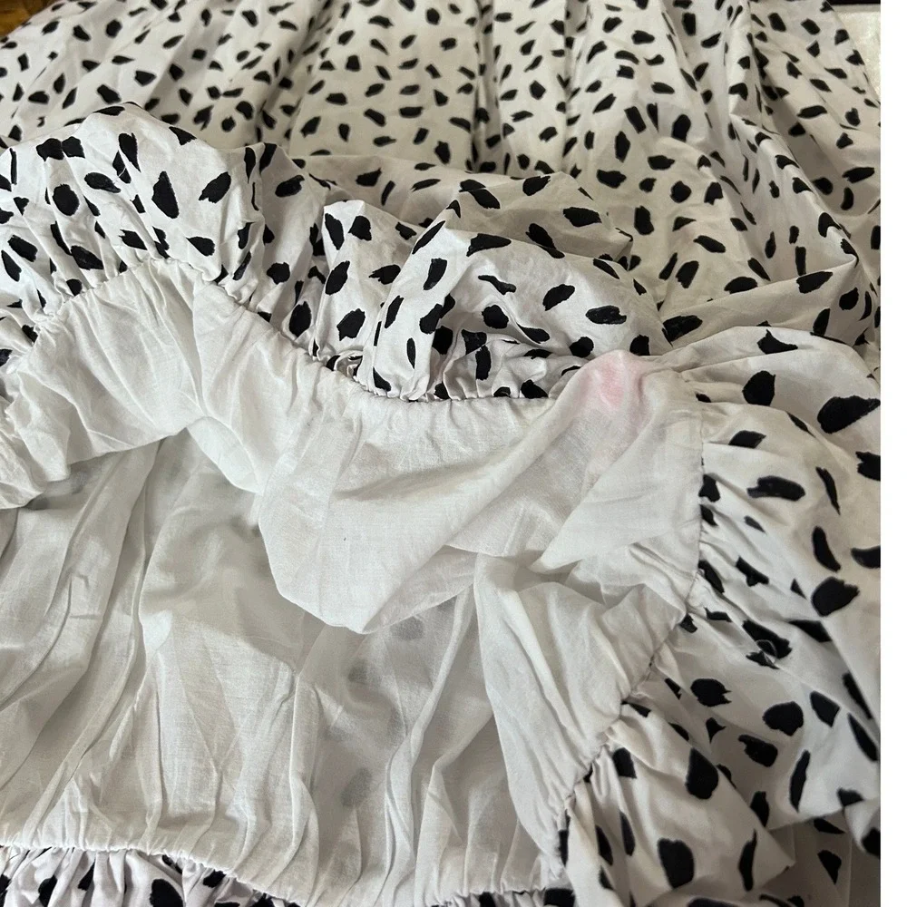 Black White Spotted Smocked Bubble Hem Midi Dress Medium Stretchy Spring Summer